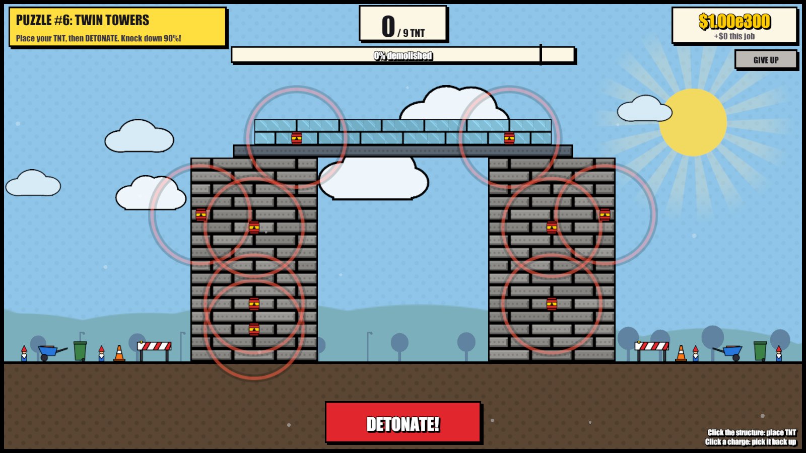 A puzzle in the game: charges placed on the Twin Towers, with their blast radius shown