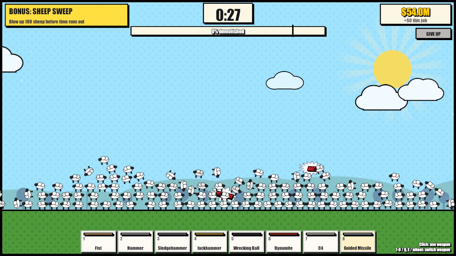 Sheep Sweep: missiles landing in a field full of sheep
