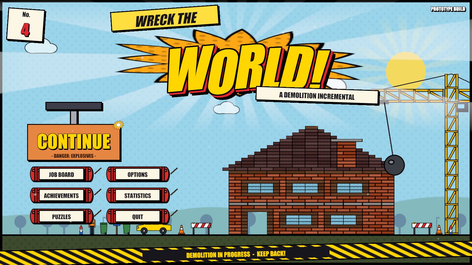 The title screen: a comic cover with a punchable logo and a bored wrecking-ball crane